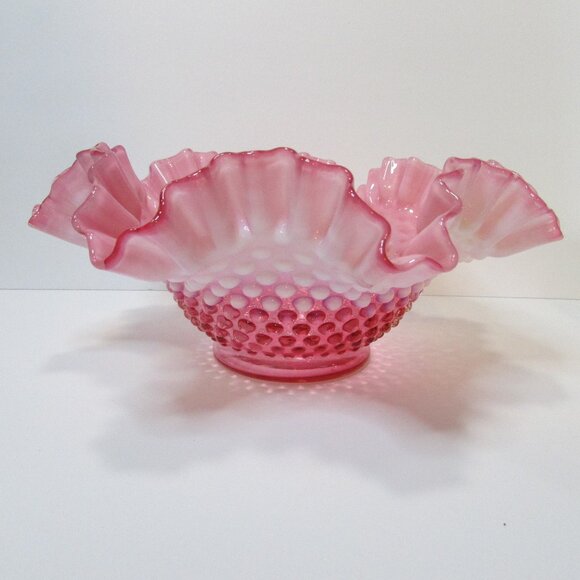 vintage pink opalescent Fenton hobnail crimped edge bowl candy dish table decor - Picture 3 of 8